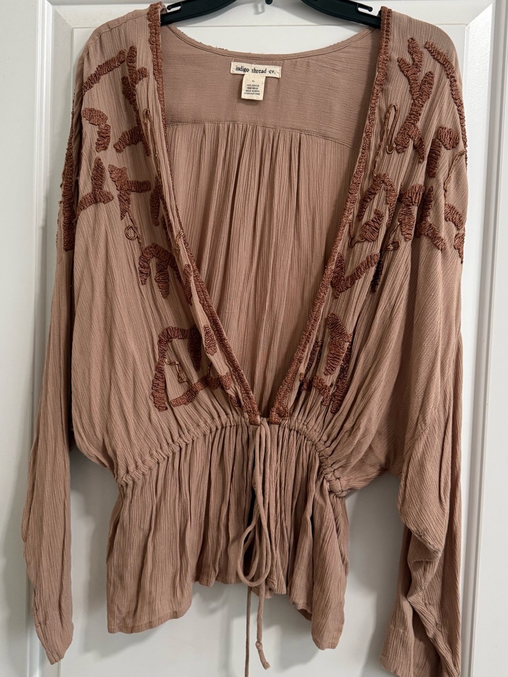 Indigo Thread Co. Taupe Embroidered Drawstring Blouse